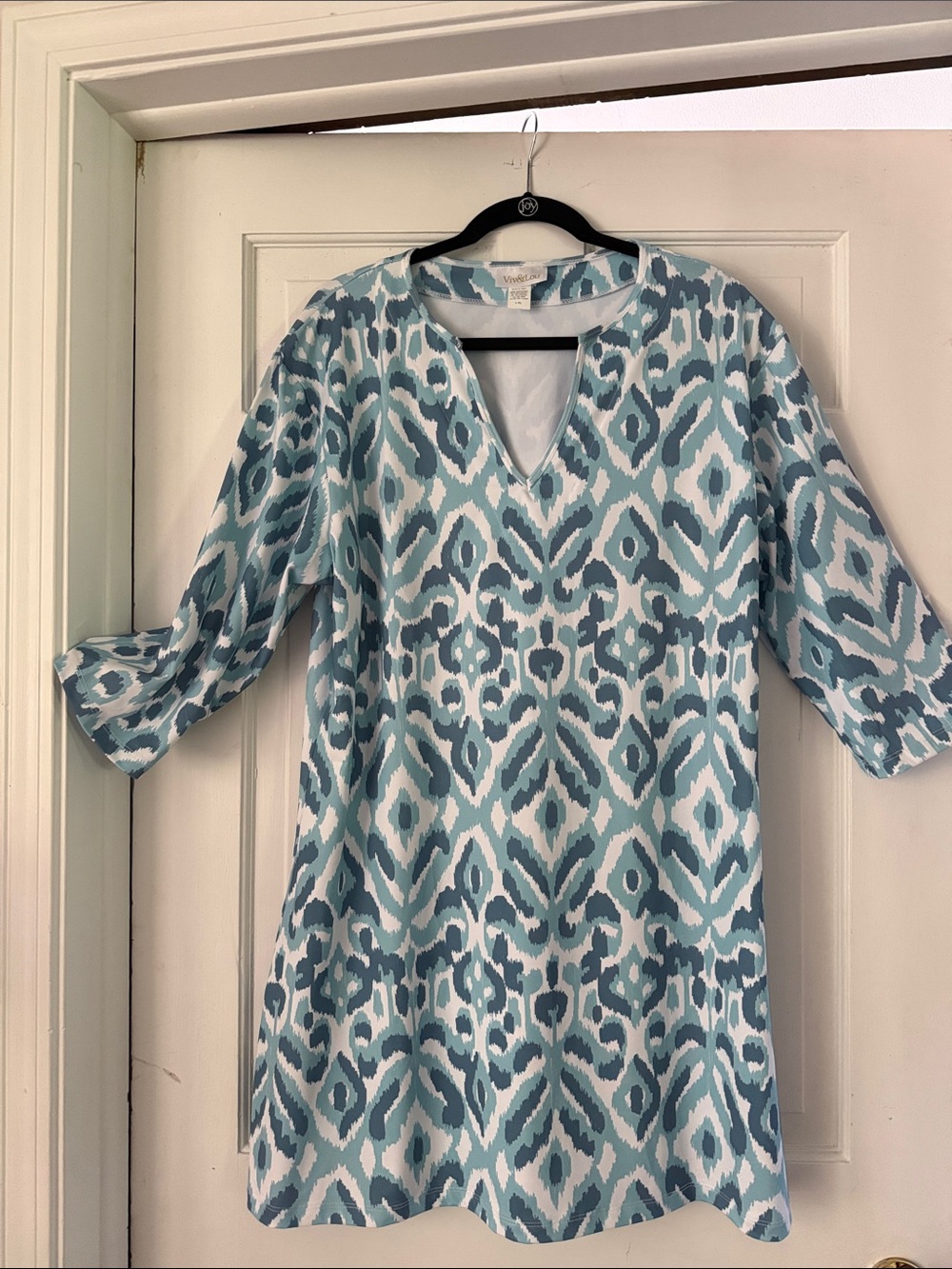 Teal and White Ikat-Print V-Neck Midi Dress